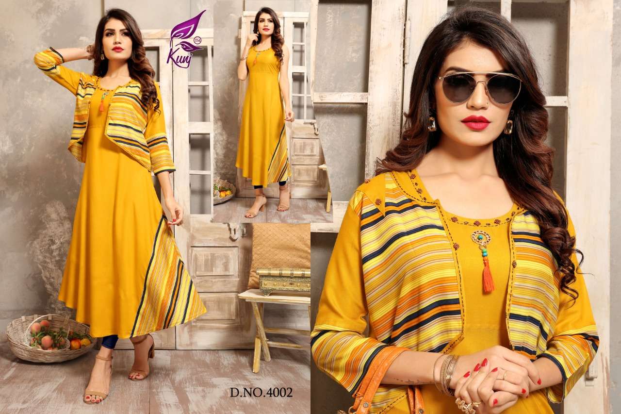 LAHARIYA VOL-4 BY KUNJ 4001 TO 4008 SERIES BEAUTIFUL COLORFUL STYLISH FANCY CASUAL WEAR & ETHNIC WEAR & READY TO WEAR HEAVY RAYON KURTIS AT WHOLESALE PRICE