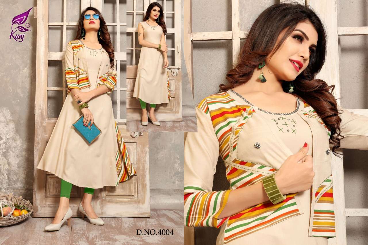 LAHARIYA VOL-4 BY KUNJ 4001 TO 4008 SERIES BEAUTIFUL COLORFUL STYLISH FANCY CASUAL WEAR & ETHNIC WEAR & READY TO WEAR HEAVY RAYON KURTIS AT WHOLESALE PRICE