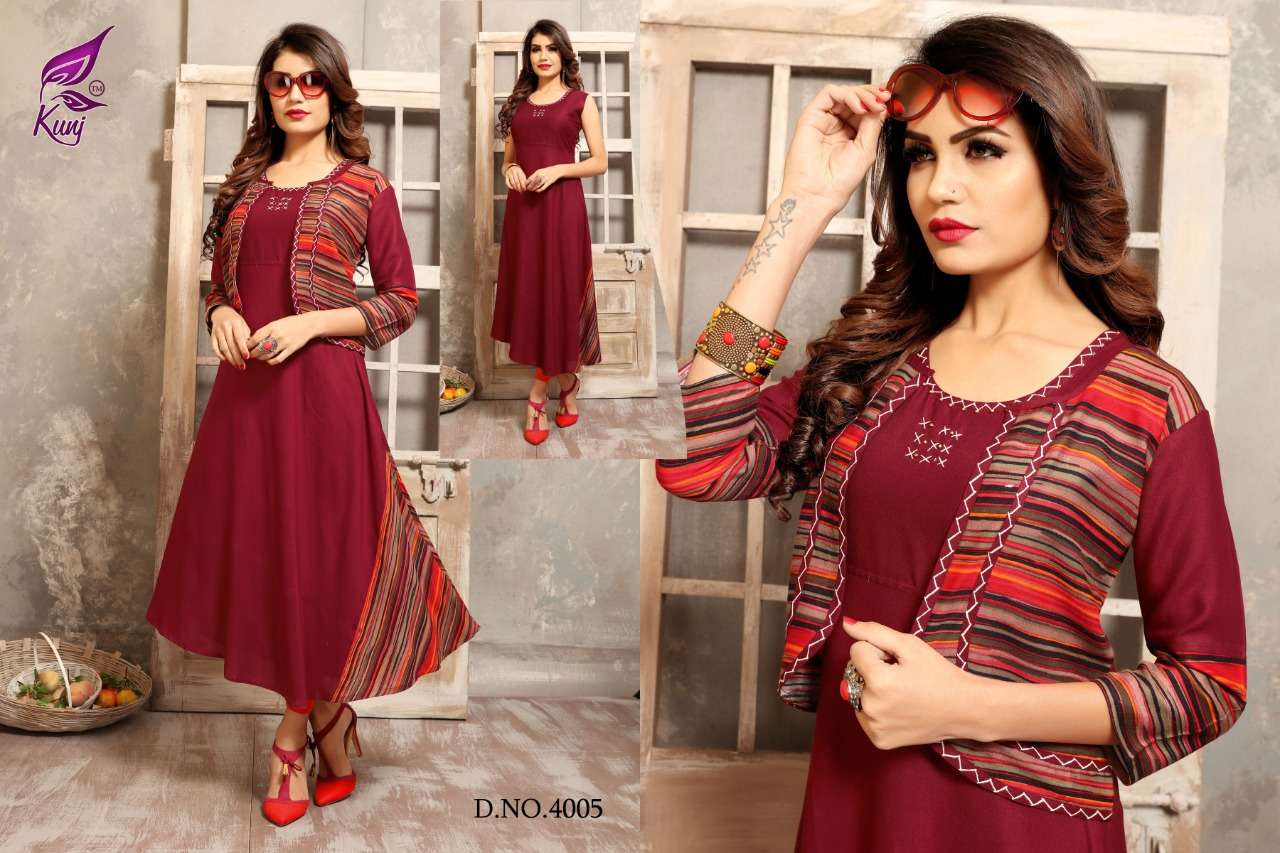 LAHARIYA VOL-4 BY KUNJ 4001 TO 4008 SERIES BEAUTIFUL COLORFUL STYLISH FANCY CASUAL WEAR & ETHNIC WEAR & READY TO WEAR HEAVY RAYON KURTIS AT WHOLESALE PRICE