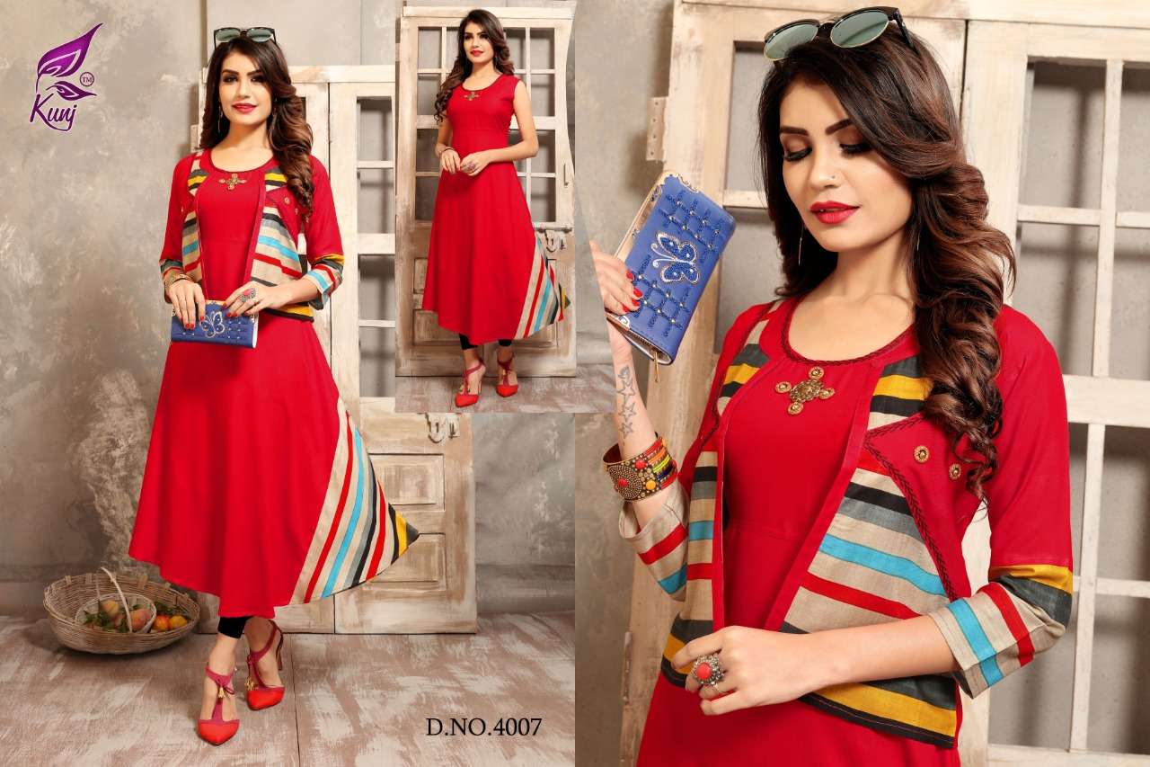 LAHARIYA VOL-4 BY KUNJ 4001 TO 4008 SERIES BEAUTIFUL COLORFUL STYLISH FANCY CASUAL WEAR & ETHNIC WEAR & READY TO WEAR HEAVY RAYON KURTIS AT WHOLESALE PRICE