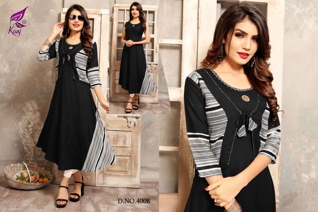 LAHARIYA VOL-4 BY KUNJ 4001 TO 4008 SERIES BEAUTIFUL COLORFUL STYLISH FANCY CASUAL WEAR & ETHNIC WEAR & READY TO WEAR HEAVY RAYON KURTIS AT WHOLESALE PRICE