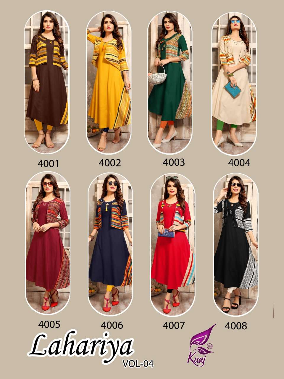 LAHARIYA VOL-4 BY KUNJ 4001 TO 4008 SERIES BEAUTIFUL COLORFUL STYLISH FANCY CASUAL WEAR & ETHNIC WEAR & READY TO WEAR HEAVY RAYON KURTIS AT WHOLESALE PRICE