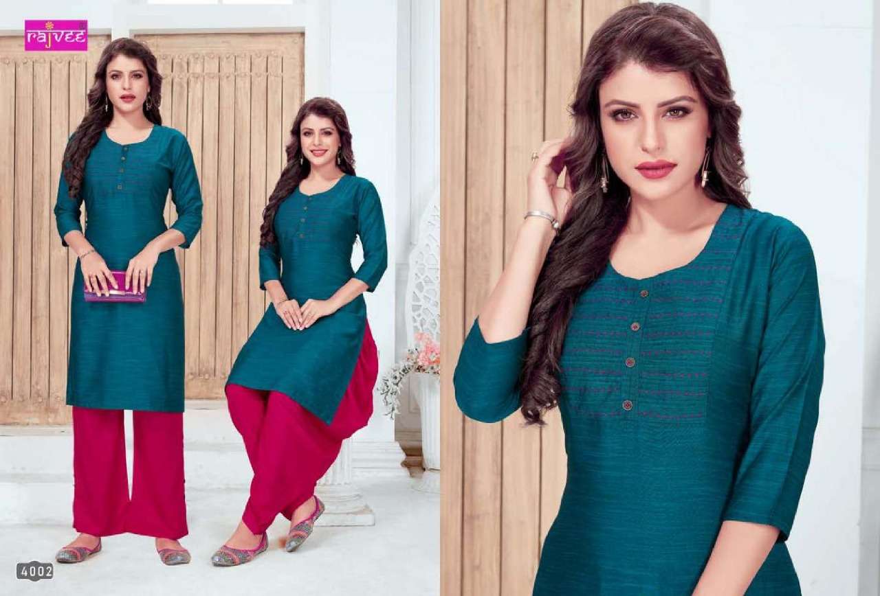 LEELA VOL-2 BY RAJVEE 4001 TO 4007 SERIES BEAUTIFUL COLORFUL STYLISH FANCY CASUAL WEAR & ETHNIC WEAR & READY TO WEAR RAYON KURTIS AT WHOLESALE PRICE