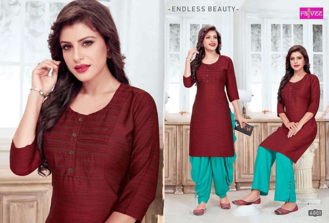 LEELA VOL-2 BY RAJVEE 4001 TO 4007 SERIES BEAUTIFUL COLORFUL STYLISH FANCY CASUAL WEAR & ETHNIC WEAR & READY TO WEAR RAYON KURTIS AT WHOLESALE PRICE