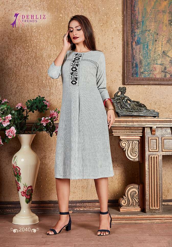 TRENDY BY DEHLIZ TRENDZ 2035 TO 2040 SERIES BEAUTIFUL COLORFUL STYLISH FANCY CASUAL WEAR & ETHNIC WEAR & READY TO WEAR PREMIUM RAYON EMBROIDERED KURTIS AT WHOLESALE PRICE