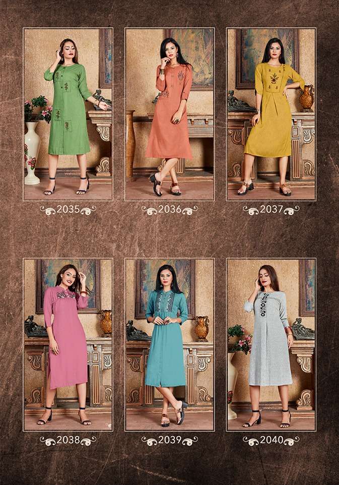 TRENDY BY DEHLIZ TRENDZ 2035 TO 2040 SERIES BEAUTIFUL COLORFUL STYLISH FANCY CASUAL WEAR & ETHNIC WEAR & READY TO WEAR PREMIUM RAYON EMBROIDERED KURTIS AT WHOLESALE PRICE
