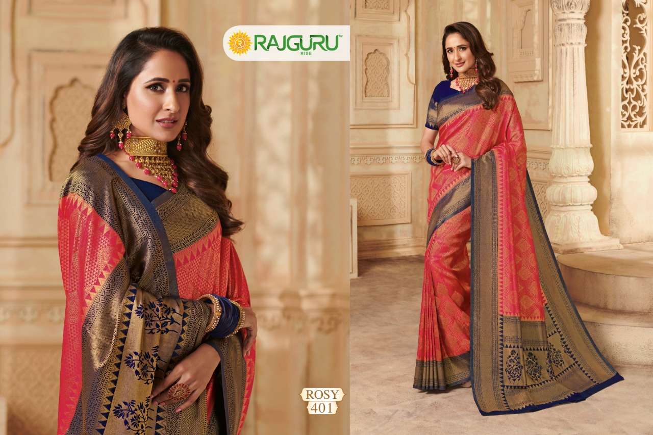 ROSY BY RAJGURU 401 TO 414 SERIES INDIAN TRADITIONAL WEAR COLLECTION BEAUTIFUL STYLISH FANCY COLORFUL PARTY WEAR & OCCASIONAL WEAR PURE KANJIVARAM SILK PRINTED SAREES AT WHOLESALE PRICE