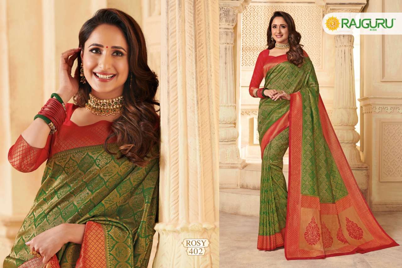 ROSY BY RAJGURU 401 TO 414 SERIES INDIAN TRADITIONAL WEAR COLLECTION BEAUTIFUL STYLISH FANCY COLORFUL PARTY WEAR & OCCASIONAL WEAR PURE KANJIVARAM SILK PRINTED SAREES AT WHOLESALE PRICE