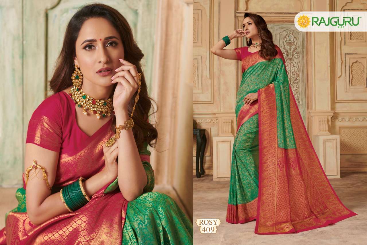 ROSY BY RAJGURU 401 TO 414 SERIES INDIAN TRADITIONAL WEAR COLLECTION BEAUTIFUL STYLISH FANCY COLORFUL PARTY WEAR & OCCASIONAL WEAR PURE KANJIVARAM SILK PRINTED SAREES AT WHOLESALE PRICE