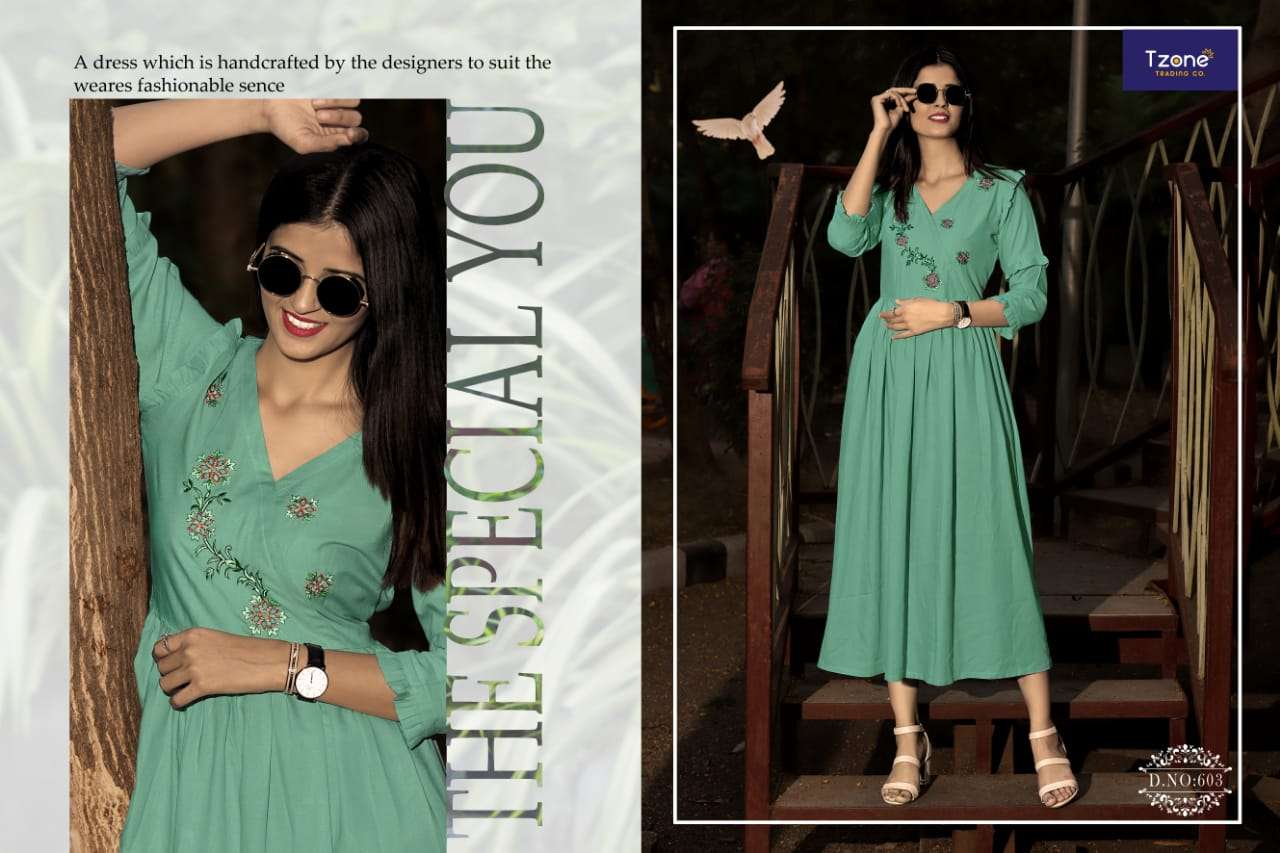 ALYSSA VOL-2 BY T ZONE 601 TO 604 SERIES BEAUTIFUL STYLISH FANCY COLORFUL CASUAL WEAR & ETHNIC WEAR & READY TO WEAR HEAVY RAYON GOWNS AT WHOLESALE PRICE