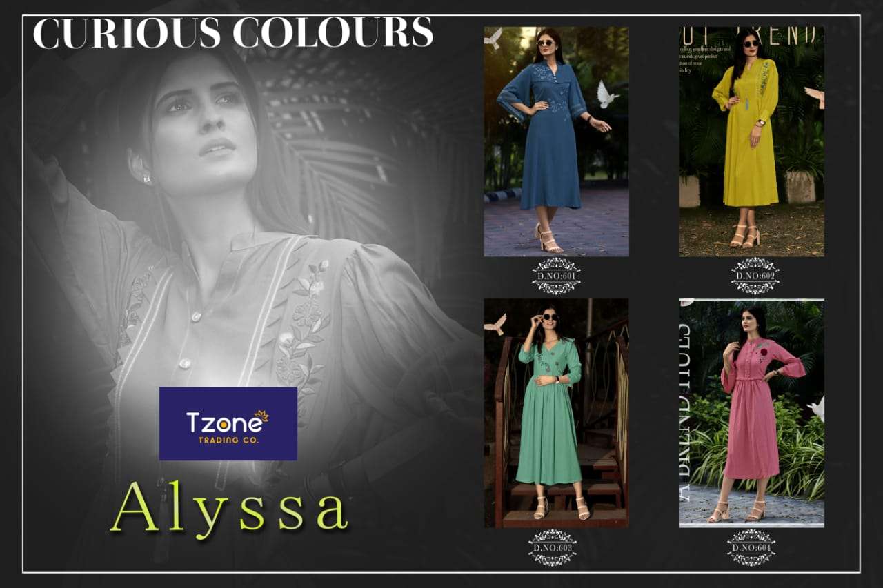 ALYSSA VOL-2 BY T ZONE 601 TO 604 SERIES BEAUTIFUL STYLISH FANCY COLORFUL CASUAL WEAR & ETHNIC WEAR & READY TO WEAR HEAVY RAYON GOWNS AT WHOLESALE PRICE