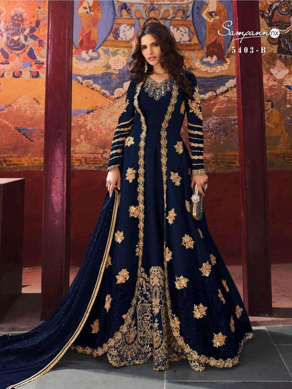 SAGA 5403 COLOURS BY SAMPANN NX 5403 TO 5403-C SERIES ANARKALI DESIGNER BEAUTIFUL SUITS COLORFUL STYLISH FANCY CASUAL WEAR & ETHNIC WEAR SILK EMBROIDERED DRESSES AT WHOLESALE PRICE