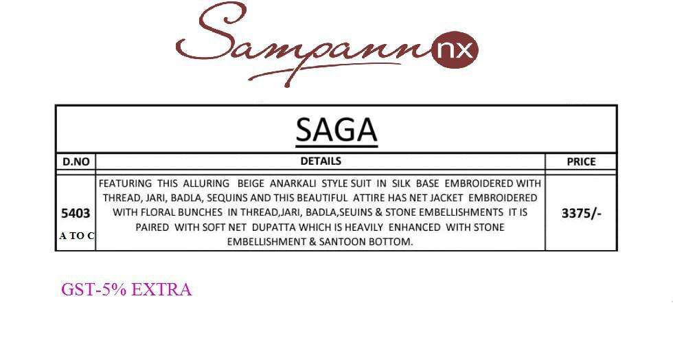 SAGA 5403 COLOURS BY SAMPANN NX 5403 TO 5403-C SERIES ANARKALI DESIGNER BEAUTIFUL SUITS COLORFUL STYLISH FANCY CASUAL WEAR & ETHNIC WEAR SILK EMBROIDERED DRESSES AT WHOLESALE PRICE