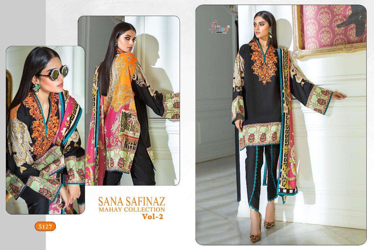 SANA SAFINAZ MAHAY COLLECTION VOL-2 BY SHREE FABS 5121 TO 5127 SERIES BEAUTIFUL PAKISTANI SUITS COLORFUL STYLISH FANCY CASUAL WEAR & ETHNIC WEAR HEAVY COTTON PRINTED WITH EMBROIDERY DRESSES AT WHOLESALE PRICE