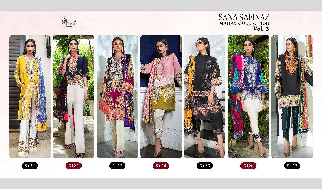SANA SAFINAZ MAHAY COLLECTION VOL-2 BY SHREE FABS 5121 TO 5127 SERIES BEAUTIFUL PAKISTANI SUITS COLORFUL STYLISH FANCY CASUAL WEAR & ETHNIC WEAR HEAVY COTTON PRINTED WITH EMBROIDERY DRESSES AT WHOLESALE PRICE