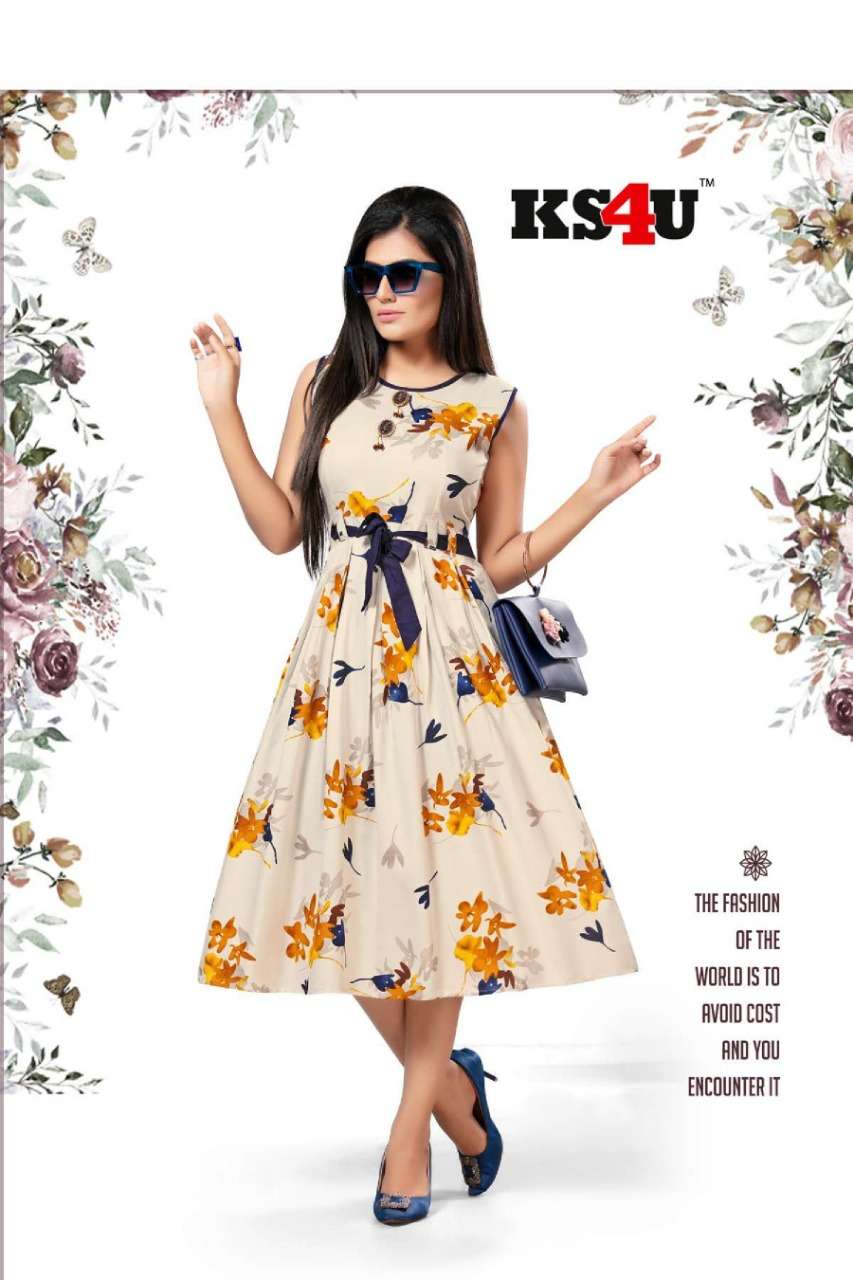 MOHENI BY KS4U 101 TO 106 SERIES BEAUTIFUL COLORFUL STYLISH FANCY CASUAL WEAR & ETHNIC WEAR & READY TO WEAR HEAVY RAYON PRINT WITH BELT KURTIS AT WHOLESALE PRICE
