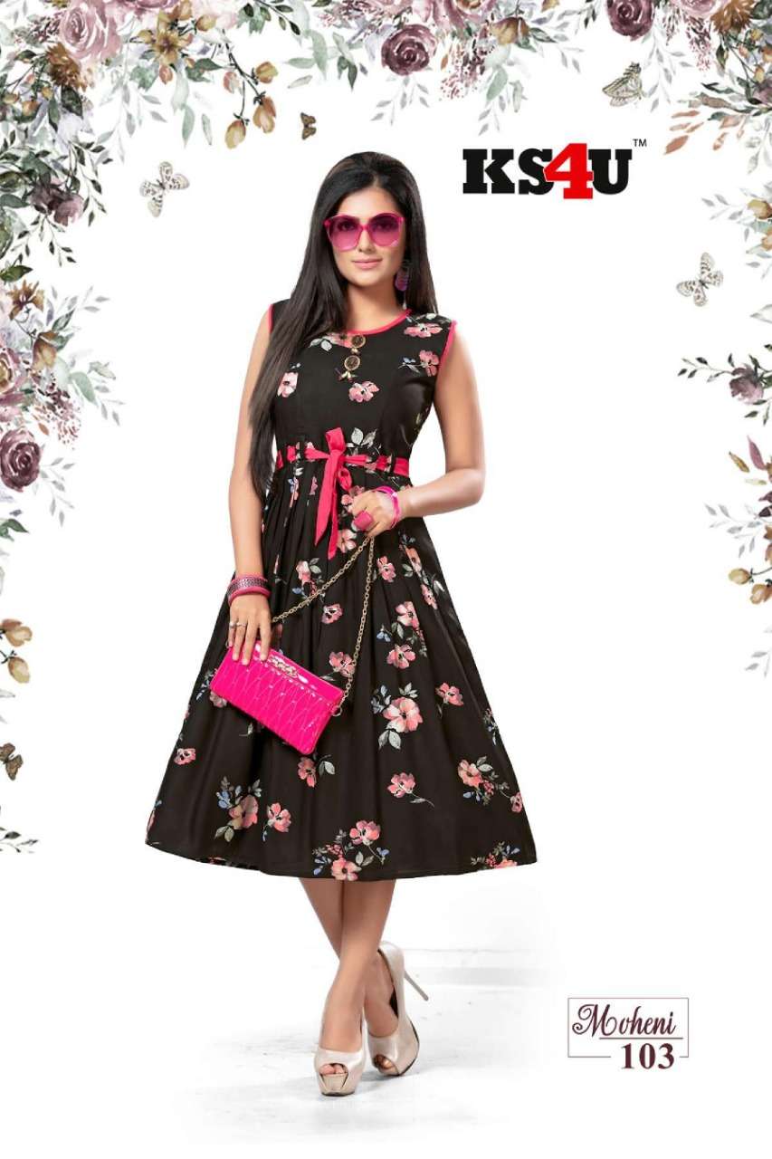 MOHENI BY KS4U 101 TO 106 SERIES BEAUTIFUL COLORFUL STYLISH FANCY CASUAL WEAR & ETHNIC WEAR & READY TO WEAR HEAVY RAYON PRINT WITH BELT KURTIS AT WHOLESALE PRICE