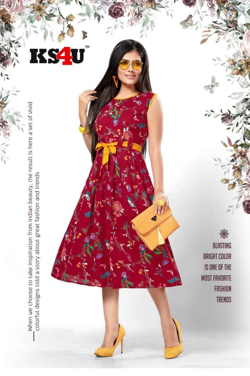 MOHENI BY KS4U 101 TO 106 SERIES BEAUTIFUL COLORFUL STYLISH FANCY CASUAL WEAR & ETHNIC WEAR & READY TO WEAR HEAVY RAYON PRINT WITH BELT KURTIS AT WHOLESALE PRICE