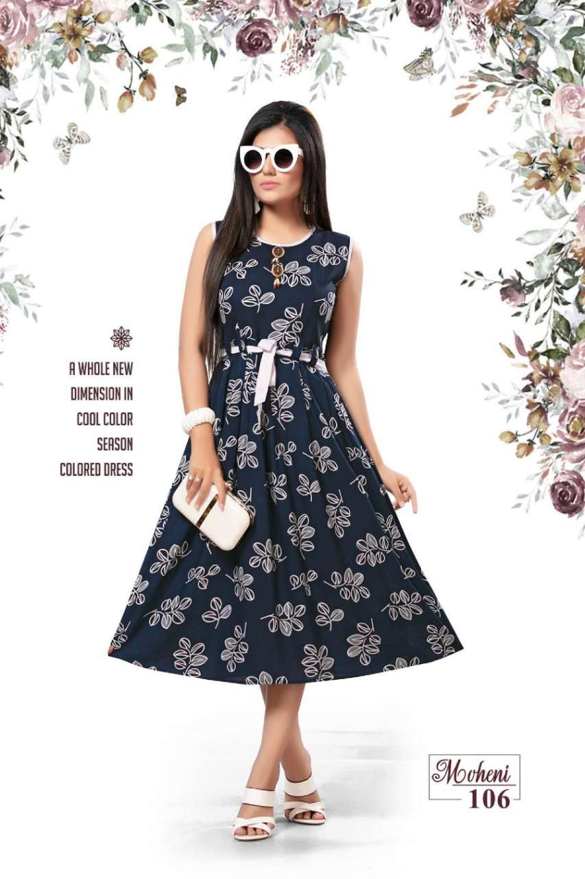 MOHENI BY KS4U 101 TO 106 SERIES BEAUTIFUL COLORFUL STYLISH FANCY CASUAL WEAR & ETHNIC WEAR & READY TO WEAR HEAVY RAYON PRINT WITH BELT KURTIS AT WHOLESALE PRICE