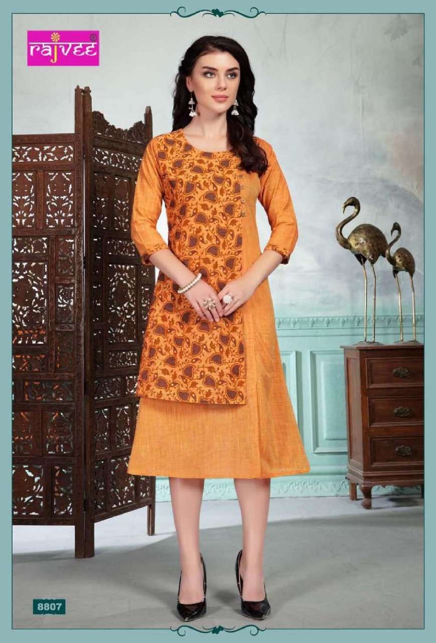 DESIRE BY RAJVEE 8801 TO 8808 SERIES BEAUTIFUL COLORFUL STYLISH FANCY CASUAL WEAR & ETHNIC WEAR & READY TO WEAR FANCY FABRIC KURTIS AT WHOLESALE PRICE