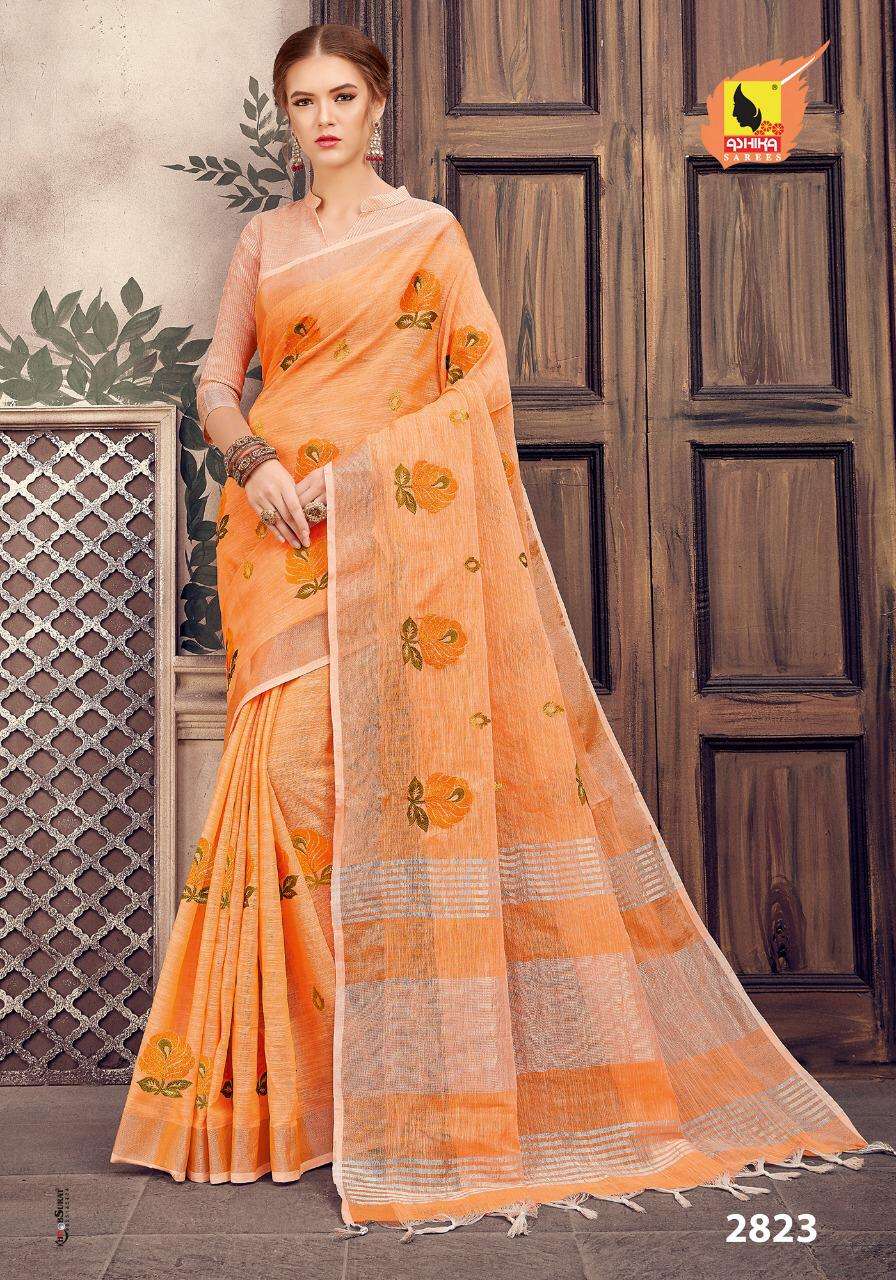 PURE LINEN EMBROIDERY VOL-2 BY ASHIKA SAREES 2821 TO 2832 SERIES INDIAN TRADITIONAL WEAR COLLECTION BEAUTIFUL STYLISH FANCY COLORFUL PARTY WEAR & OCCASIONAL WEAR LINEN SILK EMBROIDERY SAREES AT WHOLESALE PRICE