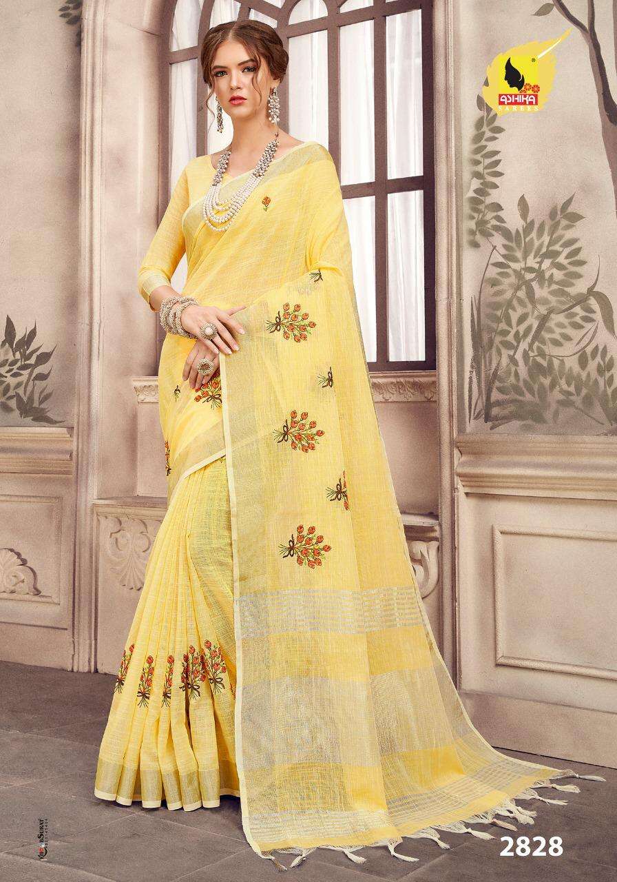 PURE LINEN EMBROIDERY VOL-2 BY ASHIKA SAREES 2821 TO 2832 SERIES INDIAN TRADITIONAL WEAR COLLECTION BEAUTIFUL STYLISH FANCY COLORFUL PARTY WEAR & OCCASIONAL WEAR LINEN SILK EMBROIDERY SAREES AT WHOLESALE PRICE