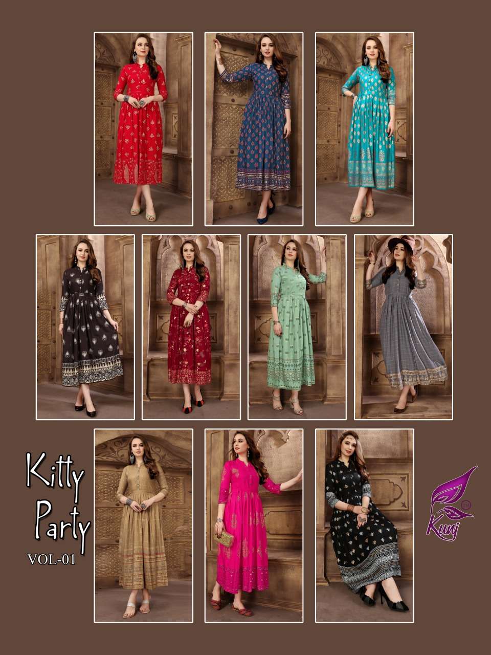 KITTY PARTY BY KUNJ 01 TO 10 SERIES BEAUTIFUL COLORFUL STYLISH FANCY CASUAL WEAR & ETHNIC WEAR & READY TO WEAR HEAVY RAYON PRINTED KURTIS AT WHOLESALE PRICE