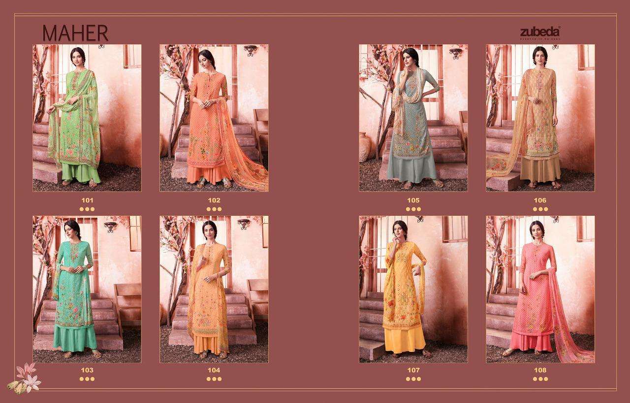 MAHER BY ZUBEDA 101 TO 108 SERIES DESIGNER SHARARA SUITS BEAUTIFUL STYLISH FANCY COLORFUL PARTY WEAR & ETHNIC WEAR GEORGETTE SHIFFLI DIGITAL PRINTED DRESSES AT WHOLESALE PRICE