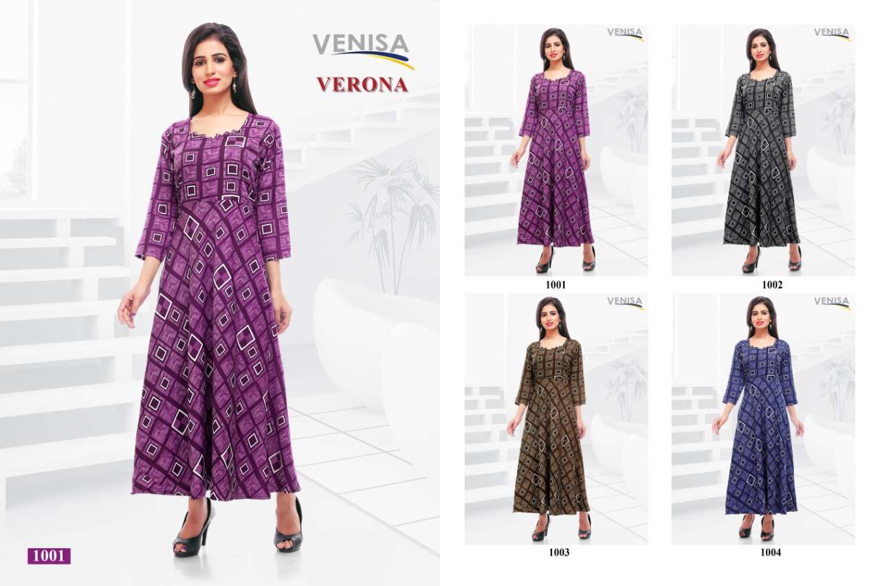 VERONA BY VENISA 1001 TO 1004 SERIES BEAUTIFUL COLORFUL STYLISH FANCY CASUAL WEAR & ETHNIC WEAR & READY TO WEAR HEAVY RAYON KURTIS WITH BOTTOM AT WHOLESALE PRICE