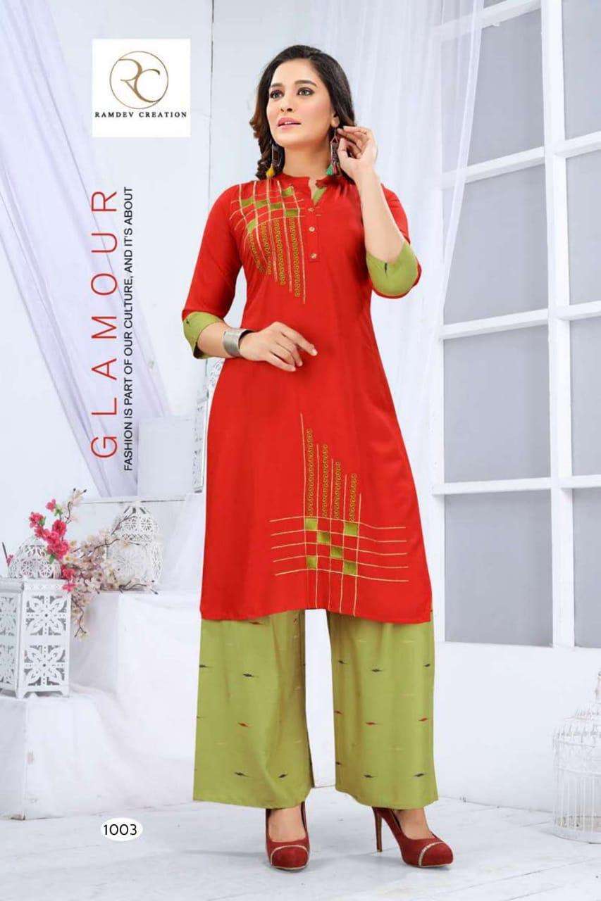 PRISHA BY RAMDEV CREATION 1001 TO 1006 SERIES BEAUTIFUL STYLISH COLORFUL FANCY PARTY WEAR & ETHNIC WEAR & READY TO WEAR RAYON EMBROIDERY KURTIS WITH BOTTOM AT WHOLESALE PRICE