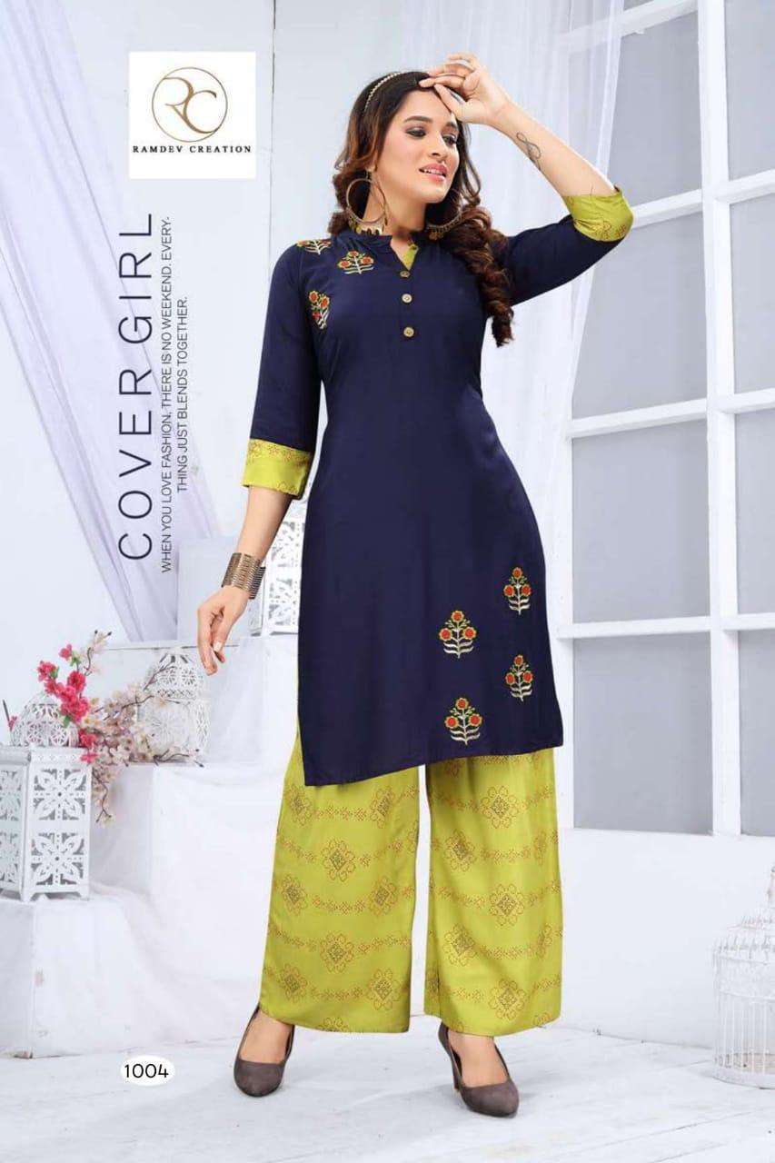 PRISHA BY RAMDEV CREATION 1001 TO 1006 SERIES BEAUTIFUL STYLISH COLORFUL FANCY PARTY WEAR & ETHNIC WEAR & READY TO WEAR RAYON EMBROIDERY KURTIS WITH BOTTOM AT WHOLESALE PRICE