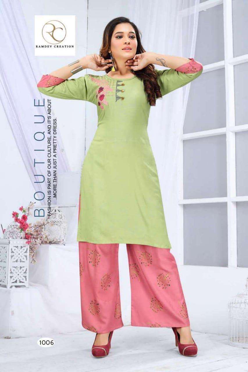 PRISHA BY RAMDEV CREATION 1001 TO 1006 SERIES BEAUTIFUL STYLISH COLORFUL FANCY PARTY WEAR & ETHNIC WEAR & READY TO WEAR RAYON EMBROIDERY KURTIS WITH BOTTOM AT WHOLESALE PRICE