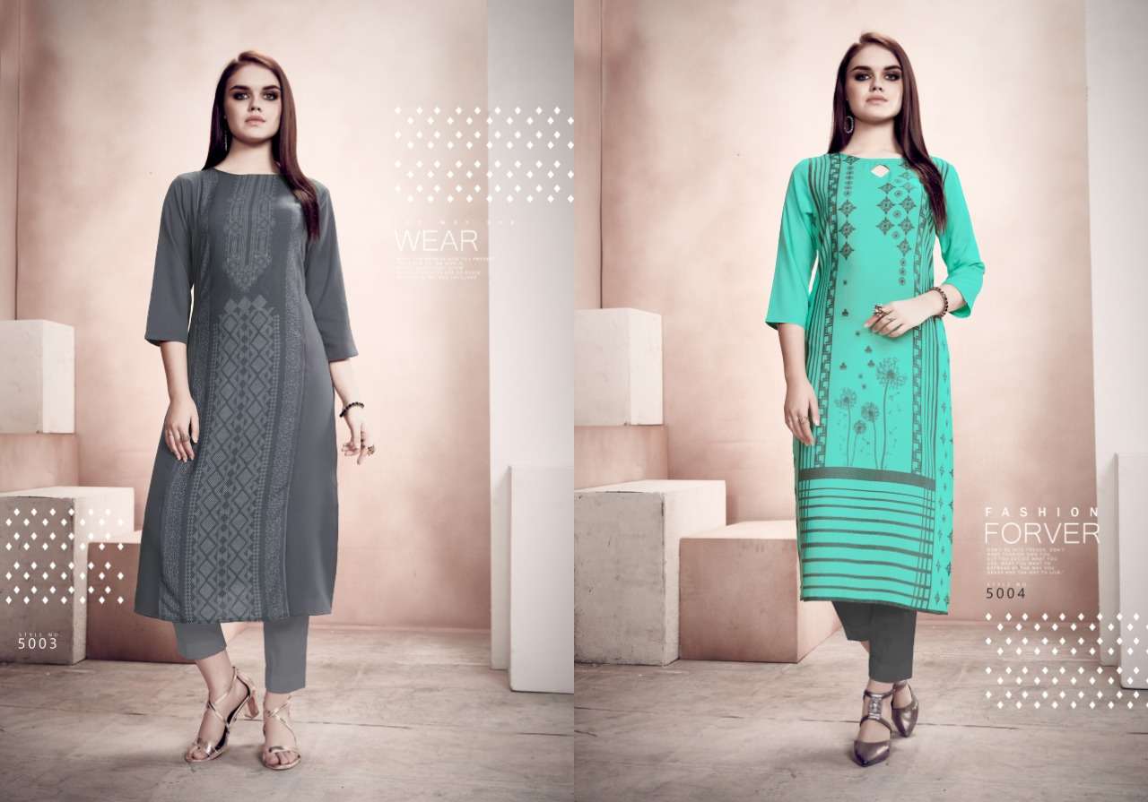 SASHA BY RUDDHI DRESSLINE 5001 TO 5006 SERIES BEAUTIFUL STYLISH COLORFUL FANCY PARTY WEAR & ETHNIC WEAR & READY TO WEAR RAYON CREPE KURTIS AT WHOLESALE PRICE