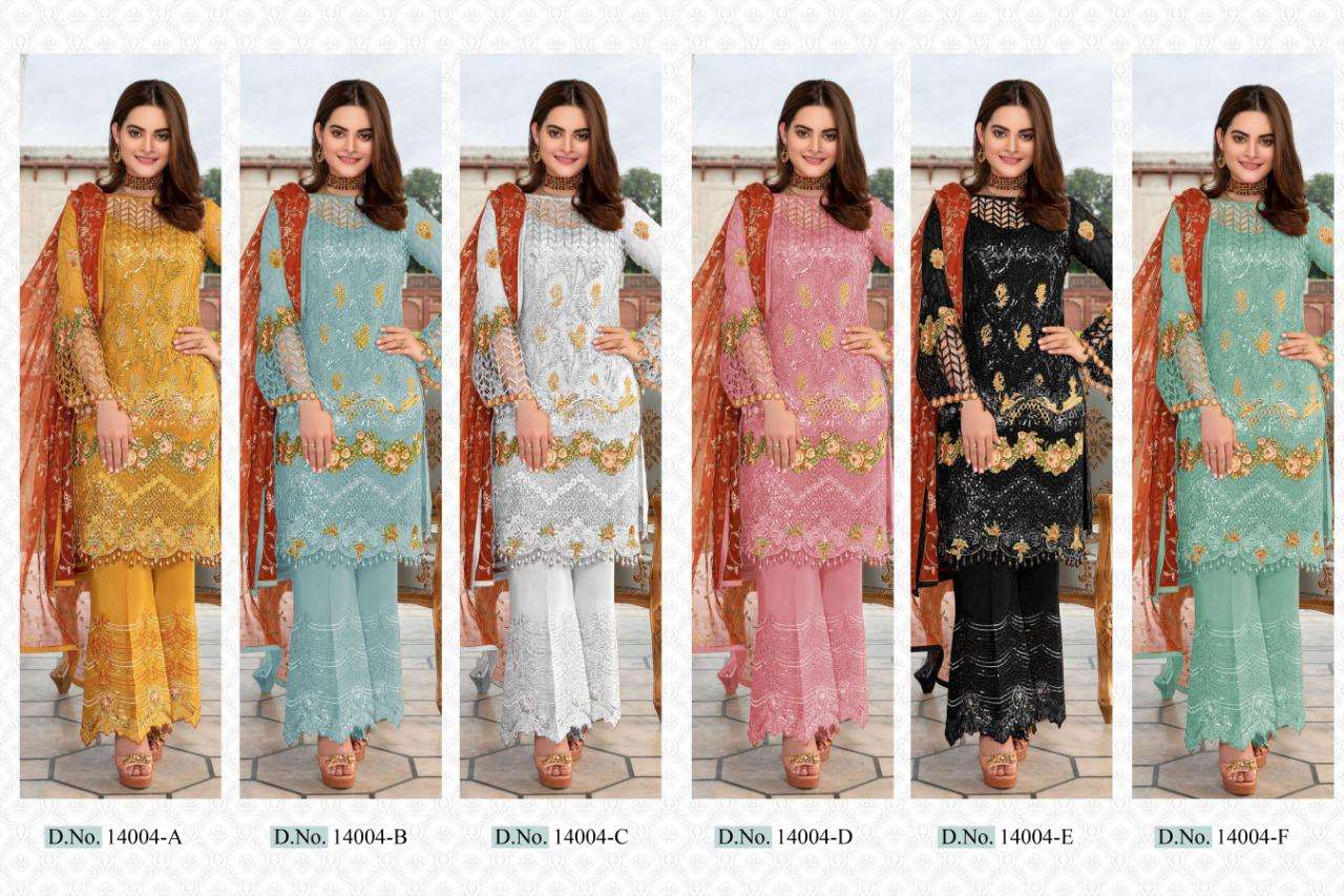 SHAKINA COLOR EDITION SUPER HIT DESIGN BY CYRA FASHION 14003-A TO 14003-F SERIES DESIGNER PAKISTANI SUITS BEAUTIFUL FANCY STYLISH COLORFUL PARTY WEAR & OCCASIONAL WEAR HEAVY NET WITH EMBROIDERY AND HAND WORK DRESSES AT WHOLESALE PRICE