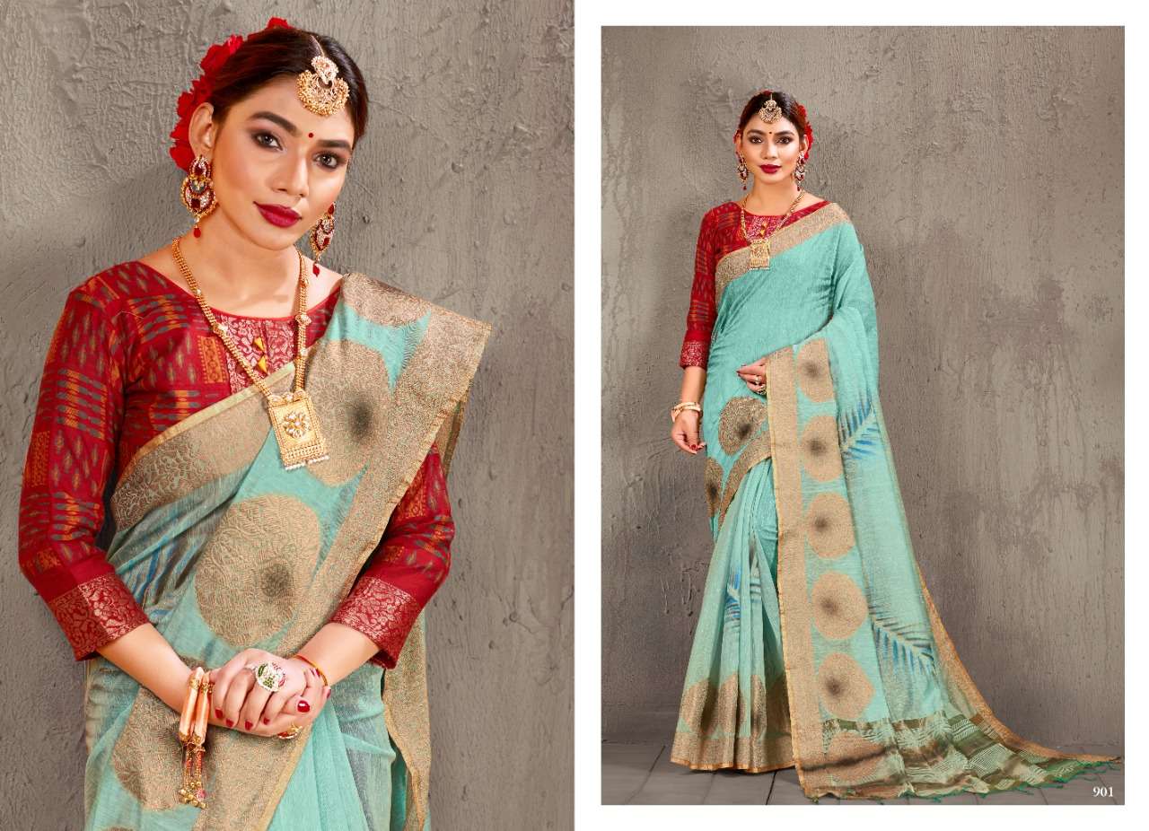 MOGRAA BY H RAJ 901 TO 907 SERIES INDIAN TRADITIONAL WEAR COLLECTION BEAUTIFUL STYLISH FANCY COLORFUL PARTY WEAR & OCCASIONAL WEAR LINEN CHANDERI COTTON SAREES AT WHOLESALE PRICE