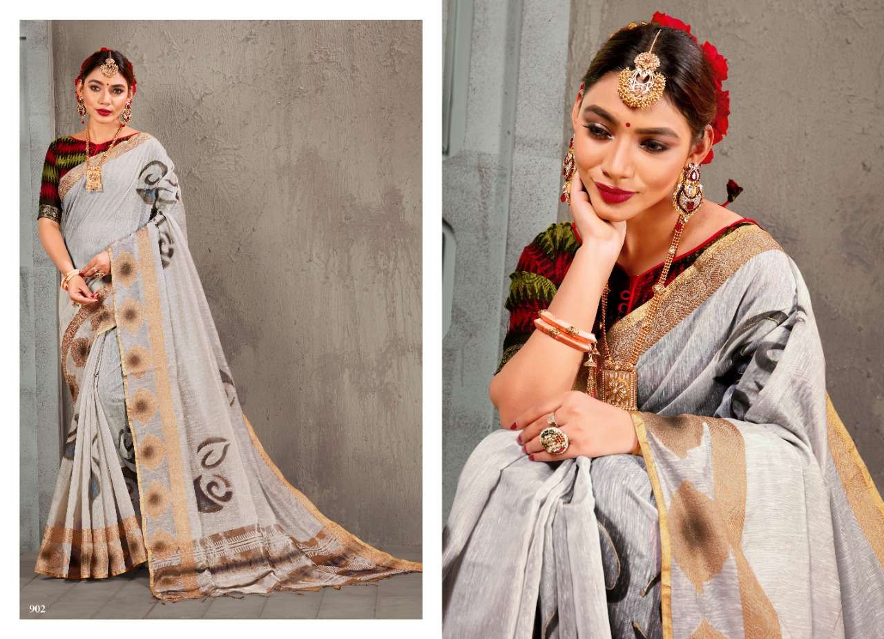 MOGRAA BY H RAJ 901 TO 907 SERIES INDIAN TRADITIONAL WEAR COLLECTION BEAUTIFUL STYLISH FANCY COLORFUL PARTY WEAR & OCCASIONAL WEAR LINEN CHANDERI COTTON SAREES AT WHOLESALE PRICE