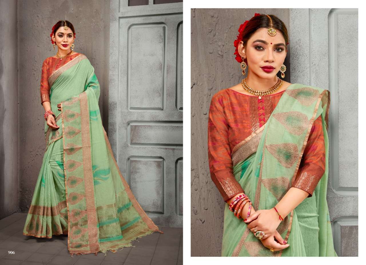 MOGRAA BY H RAJ 901 TO 907 SERIES INDIAN TRADITIONAL WEAR COLLECTION BEAUTIFUL STYLISH FANCY COLORFUL PARTY WEAR & OCCASIONAL WEAR LINEN CHANDERI COTTON SAREES AT WHOLESALE PRICE