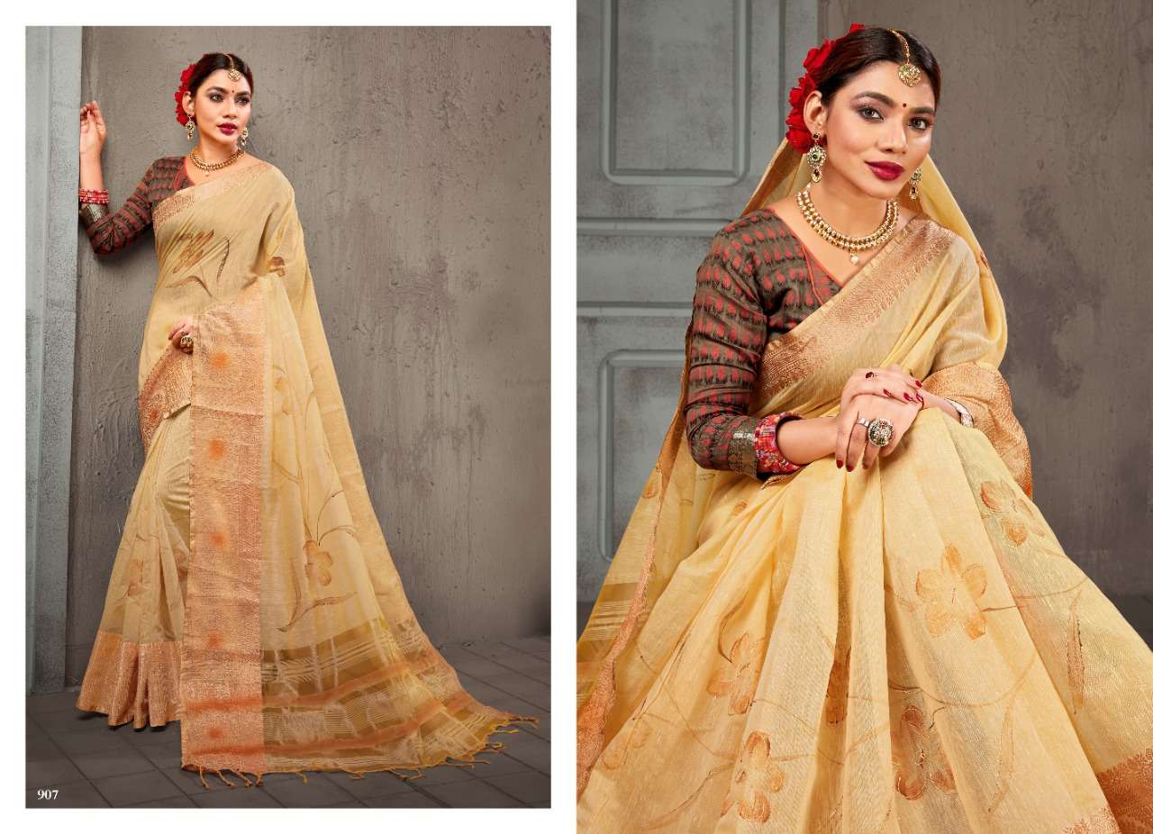 MOGRAA BY H RAJ 901 TO 907 SERIES INDIAN TRADITIONAL WEAR COLLECTION BEAUTIFUL STYLISH FANCY COLORFUL PARTY WEAR & OCCASIONAL WEAR LINEN CHANDERI COTTON SAREES AT WHOLESALE PRICE