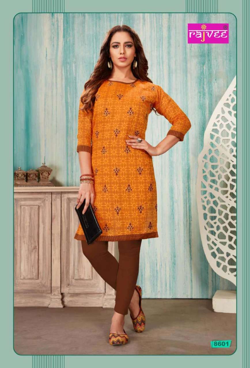 SPICE BY RAJVEE 8601 TO 8608 SERIES STYLISH FANCY BEAUTIFUL COLORFUL CASUAL WEAR & ETHNIC WEAR CHANDERI PRINTED SILK KURTIS AT WHOLESALE PRICE