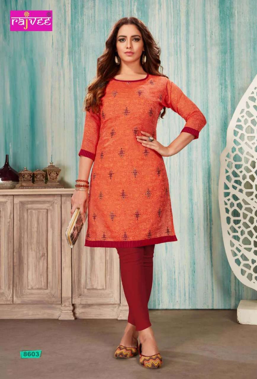 SPICE BY RAJVEE 8601 TO 8608 SERIES STYLISH FANCY BEAUTIFUL COLORFUL CASUAL WEAR & ETHNIC WEAR CHANDERI PRINTED SILK KURTIS AT WHOLESALE PRICE