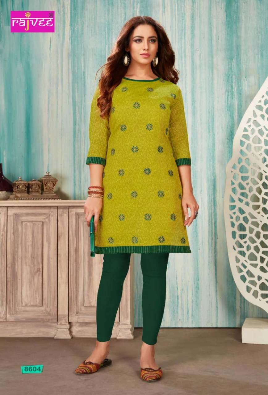 SPICE BY RAJVEE 8601 TO 8608 SERIES STYLISH FANCY BEAUTIFUL COLORFUL CASUAL WEAR & ETHNIC WEAR CHANDERI PRINTED SILK KURTIS AT WHOLESALE PRICE