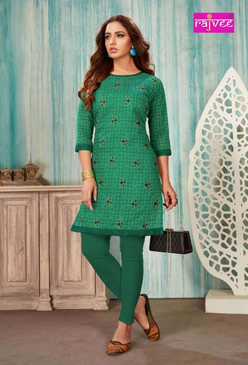 SPICE BY RAJVEE 8601 TO 8608 SERIES STYLISH FANCY BEAUTIFUL COLORFUL CASUAL WEAR & ETHNIC WEAR CHANDERI PRINTED SILK KURTIS AT WHOLESALE PRICE