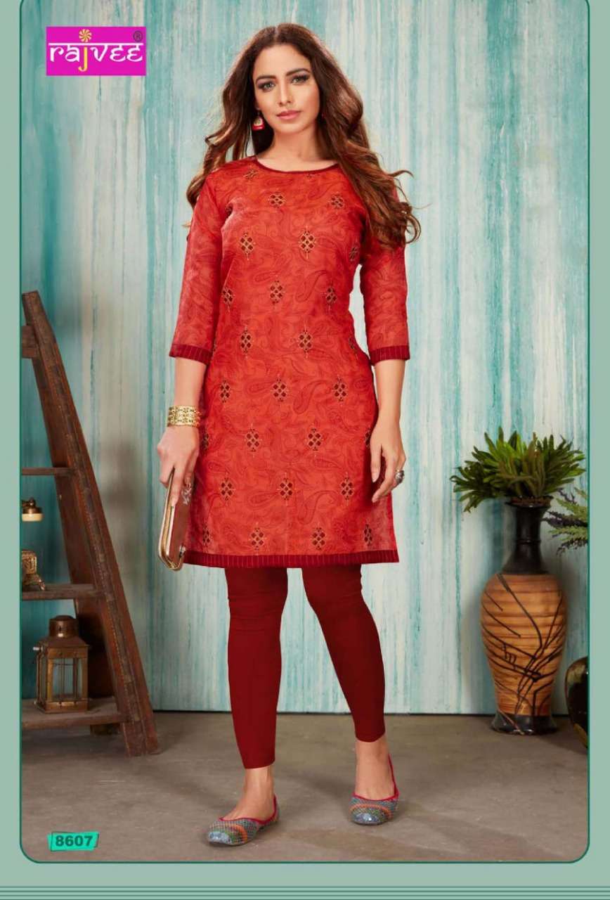 SPICE BY RAJVEE 8601 TO 8608 SERIES STYLISH FANCY BEAUTIFUL COLORFUL CASUAL WEAR & ETHNIC WEAR CHANDERI PRINTED SILK KURTIS AT WHOLESALE PRICE