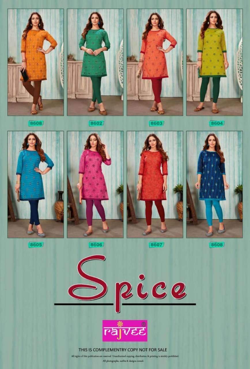 SPICE BY RAJVEE 8601 TO 8608 SERIES STYLISH FANCY BEAUTIFUL COLORFUL CASUAL WEAR & ETHNIC WEAR CHANDERI PRINTED SILK KURTIS AT WHOLESALE PRICE