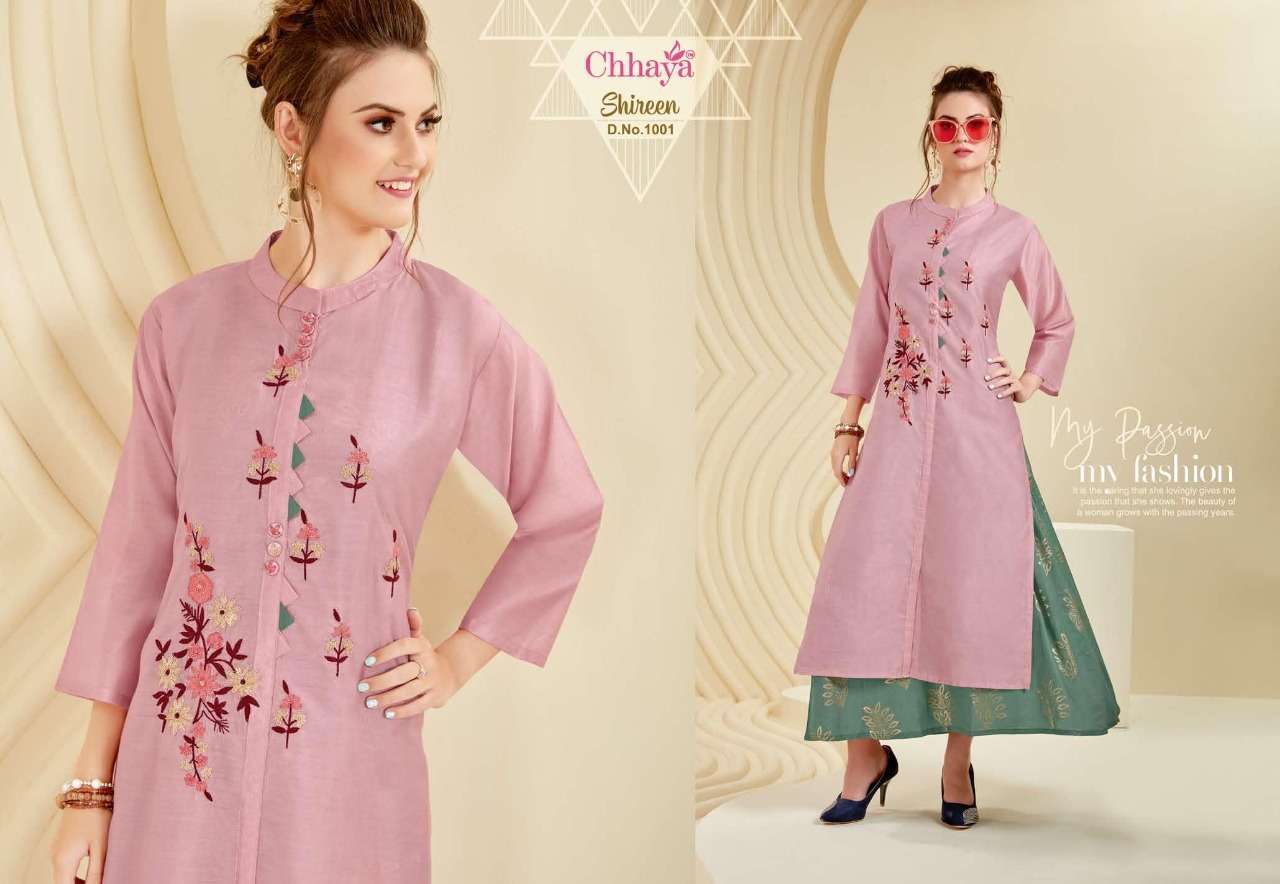 SHIREEN BY CHHAYA 1001 TO 1006 SERIES STYLISH FANCY BEAUTIFUL COLORFUL CASUAL WEAR & ETHNIC WEAR HEAVY MODEL SILK EMBROIDERY KURTIS AT WHOLESALE PRICE