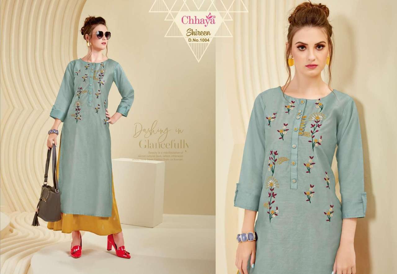 SHIREEN BY CHHAYA 1001 TO 1006 SERIES STYLISH FANCY BEAUTIFUL COLORFUL CASUAL WEAR & ETHNIC WEAR HEAVY MODEL SILK EMBROIDERY KURTIS AT WHOLESALE PRICE