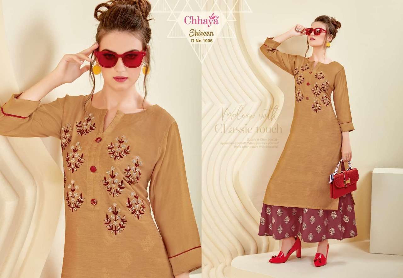 SHIREEN BY CHHAYA 1001 TO 1006 SERIES STYLISH FANCY BEAUTIFUL COLORFUL CASUAL WEAR & ETHNIC WEAR HEAVY MODEL SILK EMBROIDERY KURTIS AT WHOLESALE PRICE