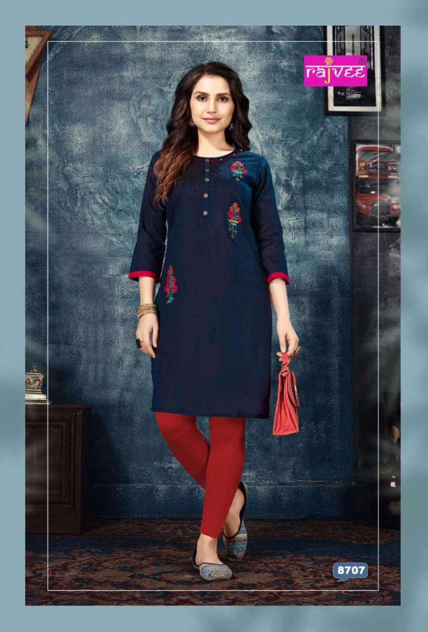 FLORA BY RAJVEE 8701 TO 8708 SERIES STYLISH FANCY BEAUTIFUL COLORFUL CASUAL WEAR & ETHNIC WEAR SILK WITH COTTON INNER KURTIS AT WHOLESALE PRICE
