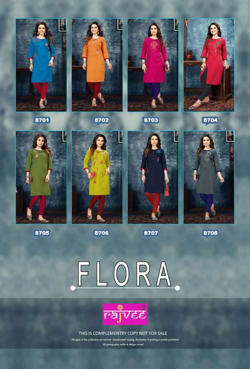 FLORA BY RAJVEE 8701 TO 8708 SERIES STYLISH FANCY BEAUTIFUL COLORFUL CASUAL WEAR & ETHNIC WEAR SILK WITH COTTON INNER KURTIS AT WHOLESALE PRICE