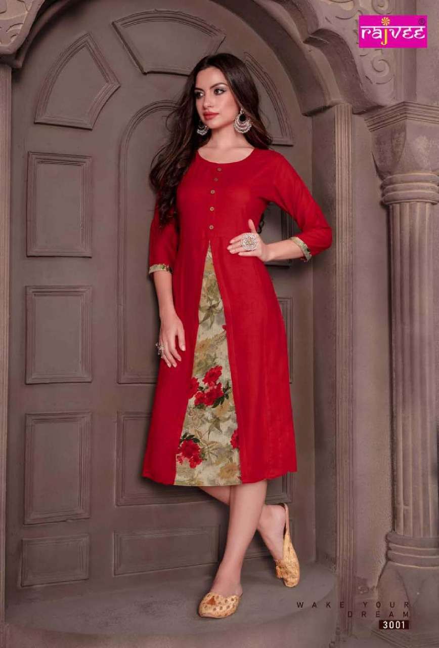 MORNI VOL-2 BY RAJVEE 3001 TO 3008 SERIES STYLISH FANCY BEAUTIFUL COLORFUL CASUAL WEAR & ETHNIC WEAR RAYON PRINTED KURTIS AT WHOLESALE PRICE